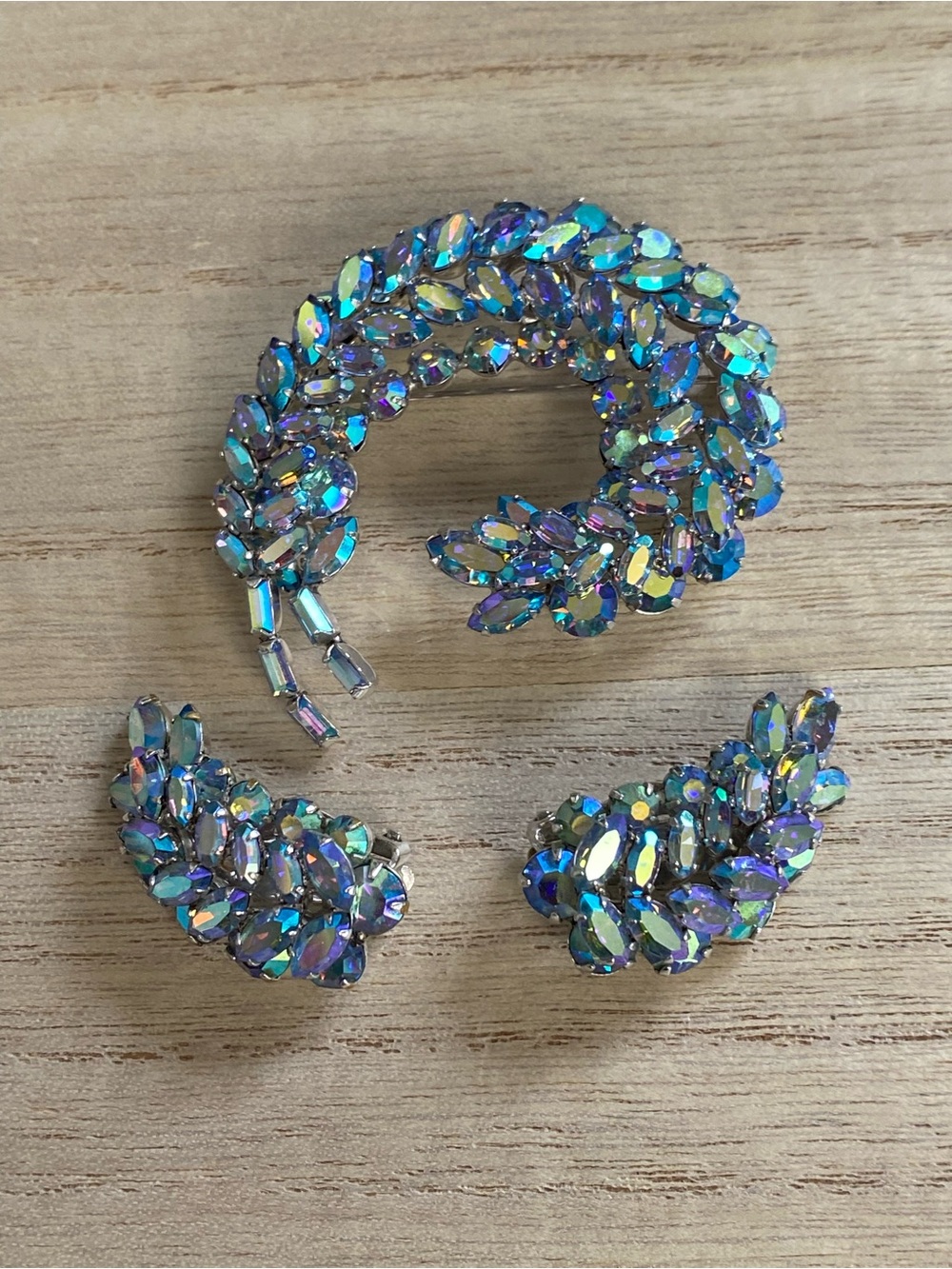 Vintage 1950s Signed Sherman Peacock Blue Aurora Borealis (AB) Demi-Parure Set